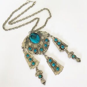 Vintage silver faux turquoise Native Kachina statement drop necklace